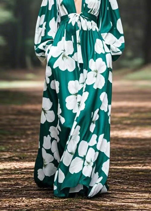 Art Green V Neck Print Pockets Silk Long Dress Spring