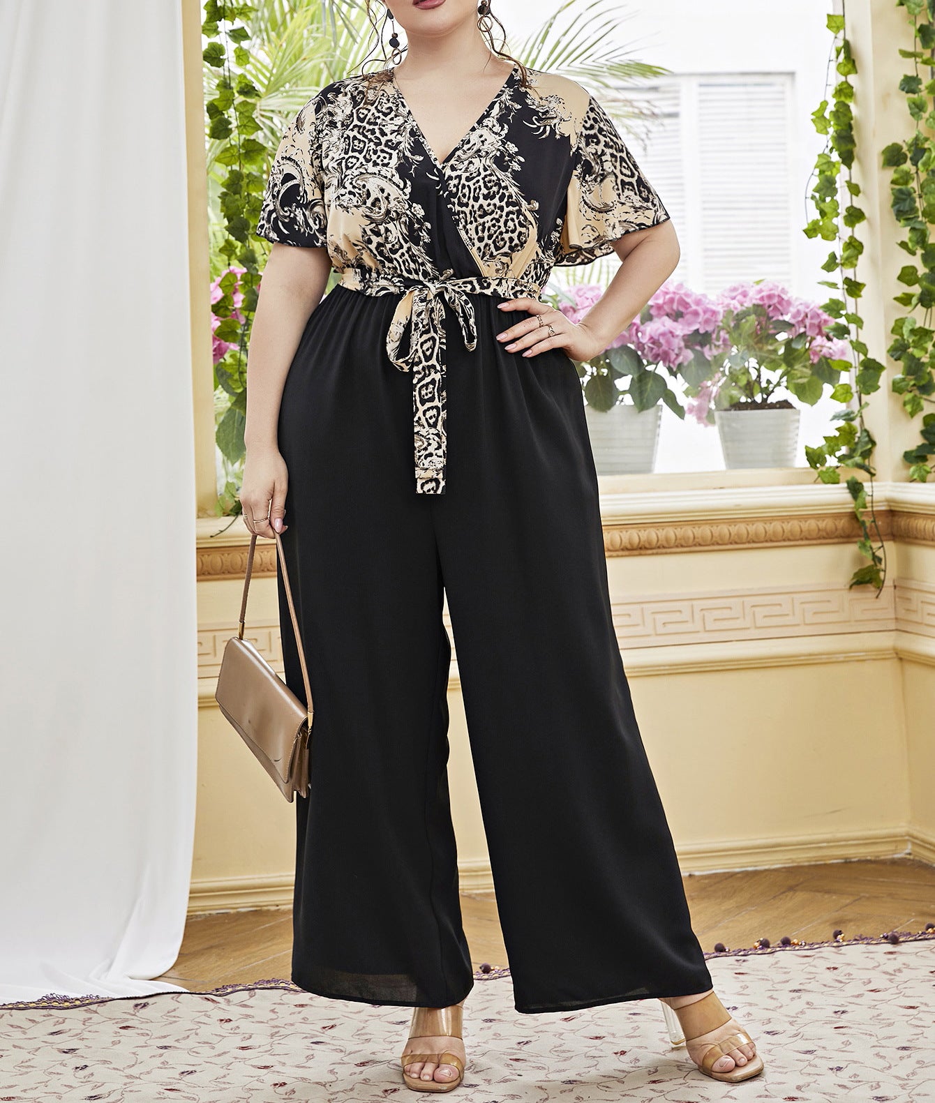 V neck Jumpsuit Vintage Pattern Stitching Printing Lace up Waist Straight Loose High Waist Jumpsuit Wide Leg Pants