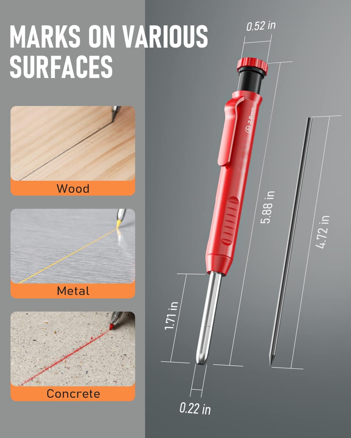 Carpenter Pencil with Sharpener, Mechanical Pencils Set with 24 Refills, Deep Hole Marker for Construction, Heavy Duty Woodworking Pencils for Architect