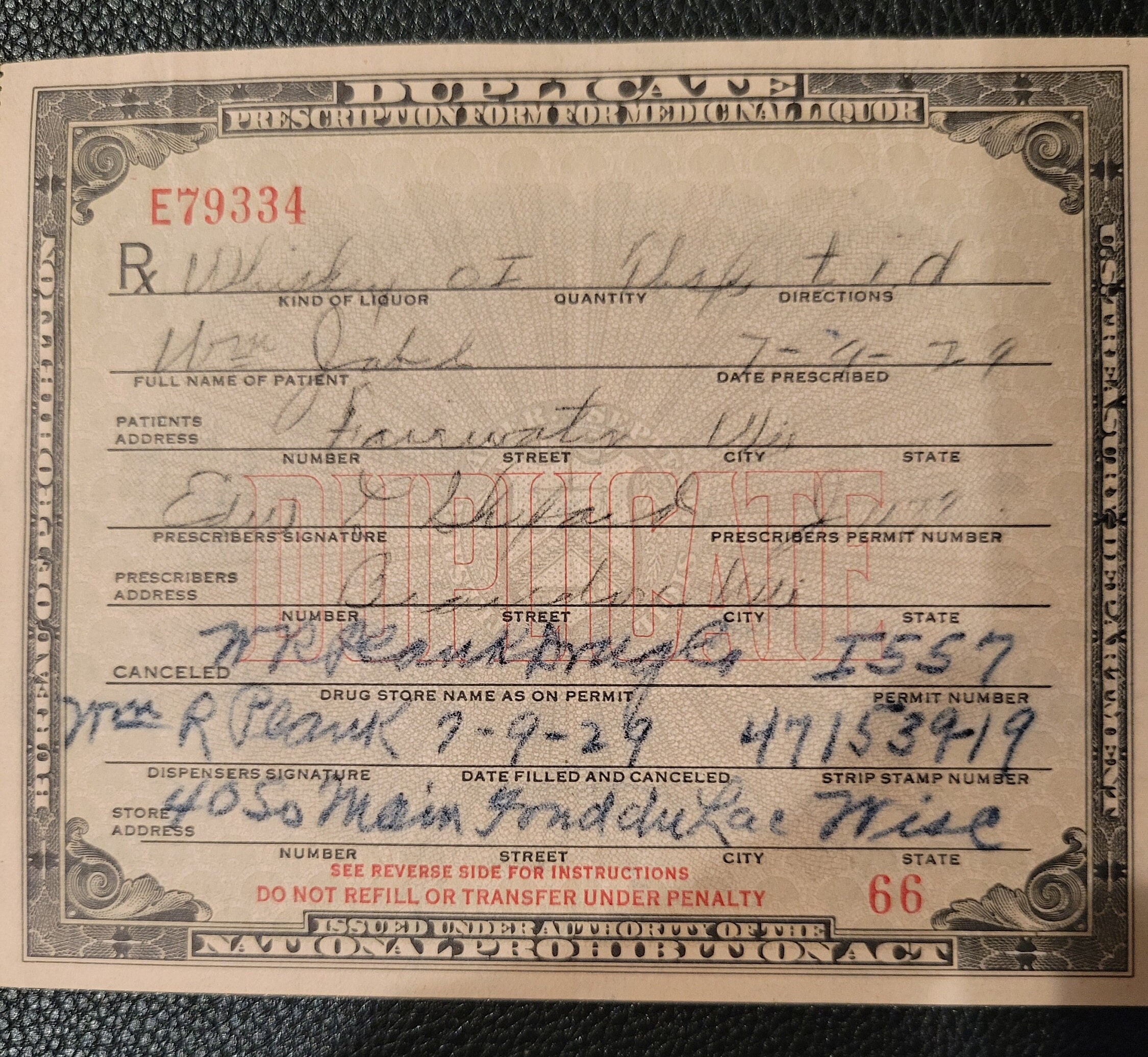 Prohibition Era Original 1929 Prescription Form Medicinal Liquor WI
