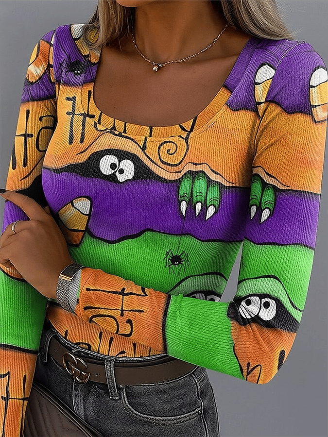 🔥Buy 3 Get 10% Off🔥Women's Halloween Design Retro Fashion Classic Long-Sleeved Square Neck Pit Strip Fabric Long-Sleeved T-Shirt