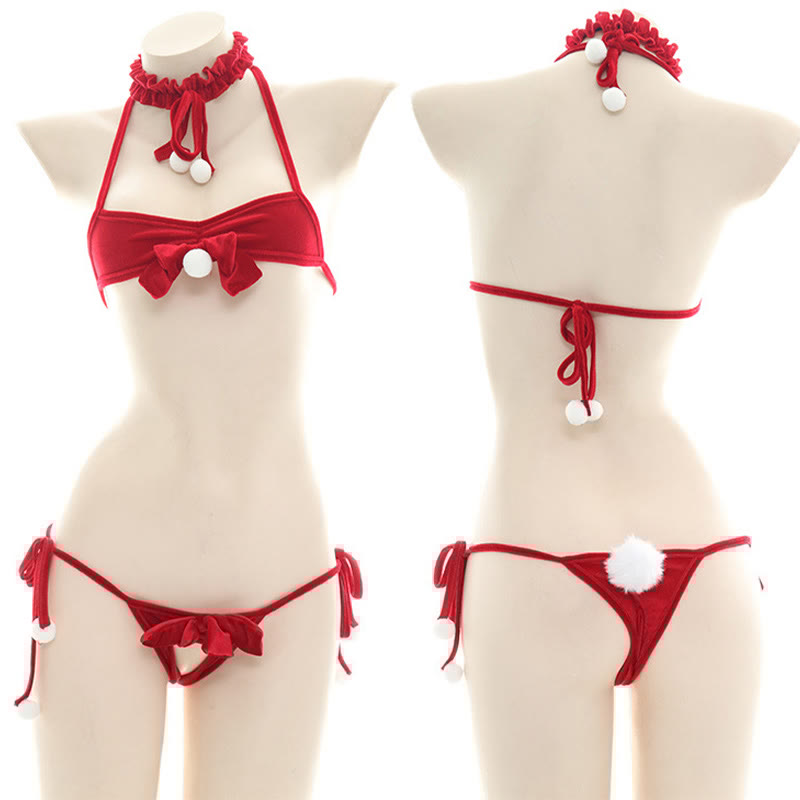 Fuzzy Ball Bow Bikini Lingerie Set