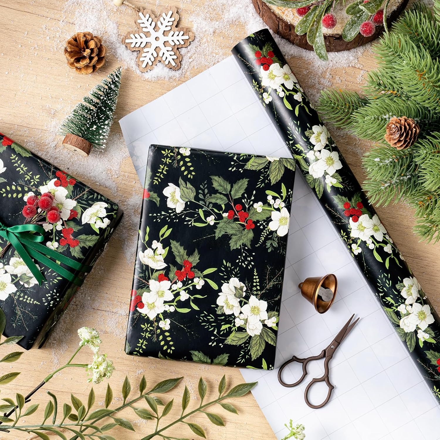 🎄Early Christmas Sale 🔥Christmas Wrapping Paper – White Floral with Green Leaves & Red Berries