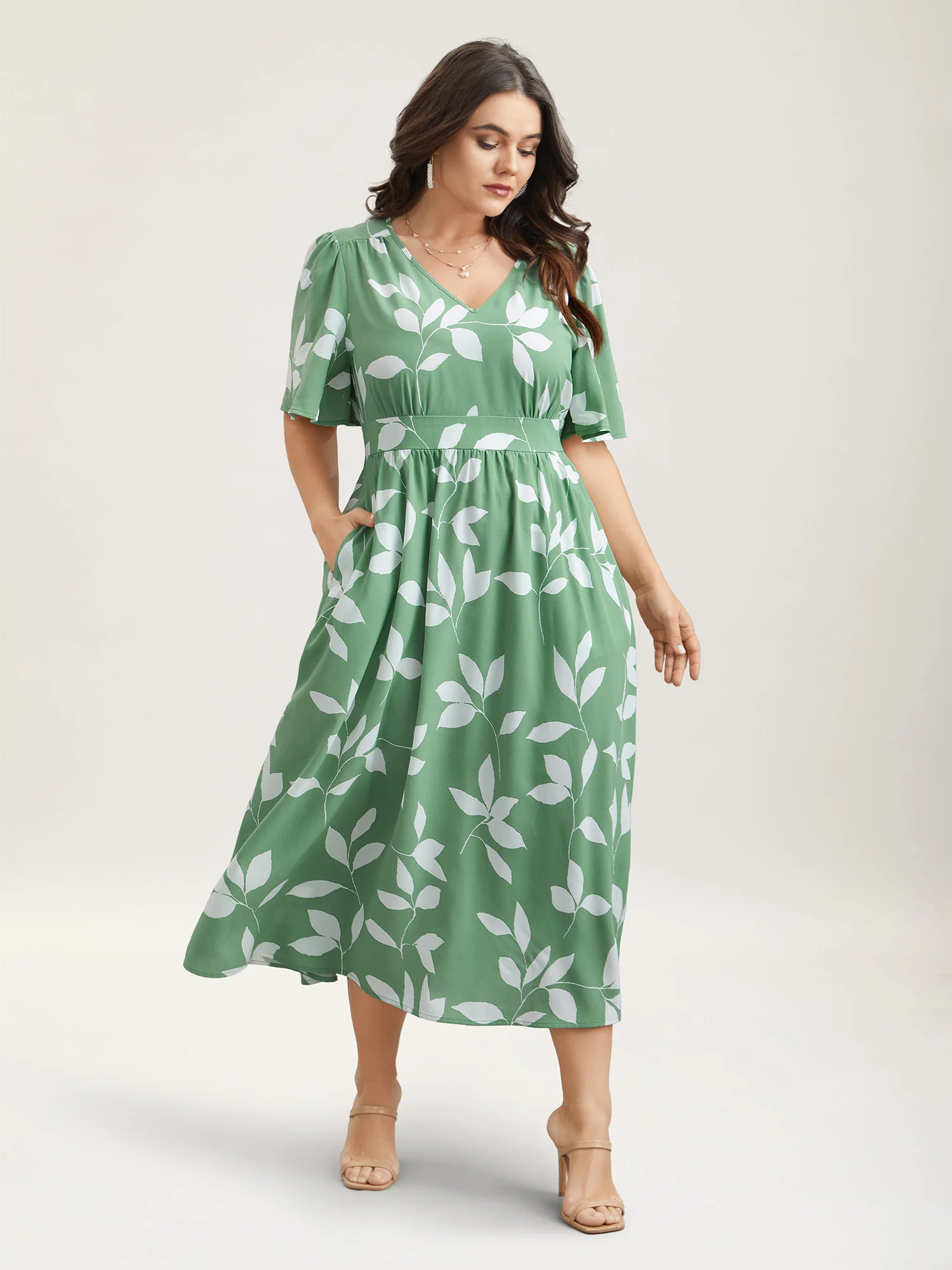 Leaf Print Waist-Cinched Flared Maxi Dress