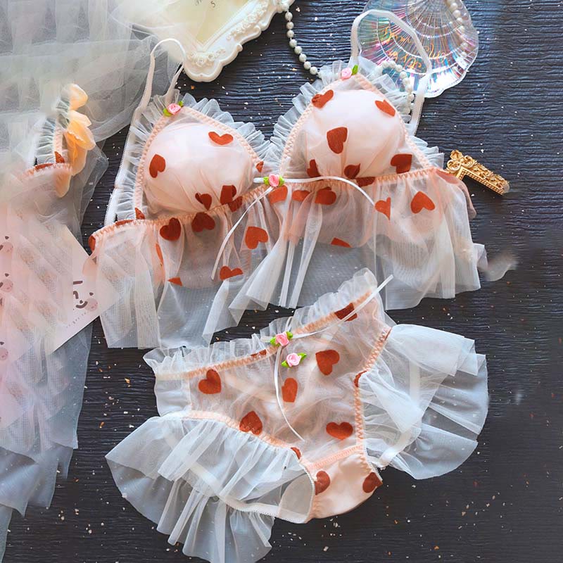 Sexy Lace Heart Print Mesh Lingerie Set