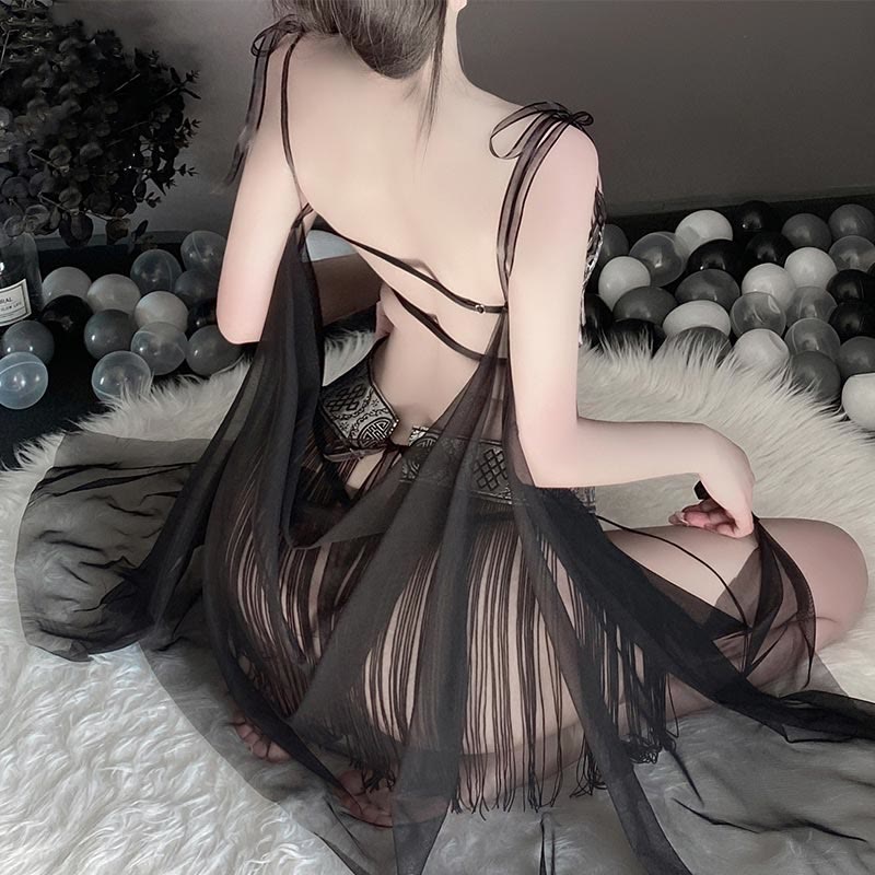 Vintage Flower Tassel See-through Lingerie Set