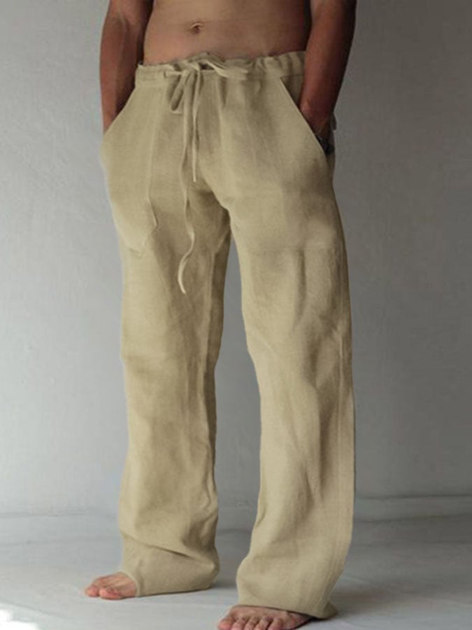 Men's Casual Solid Drawstring Cotton Linen Pants