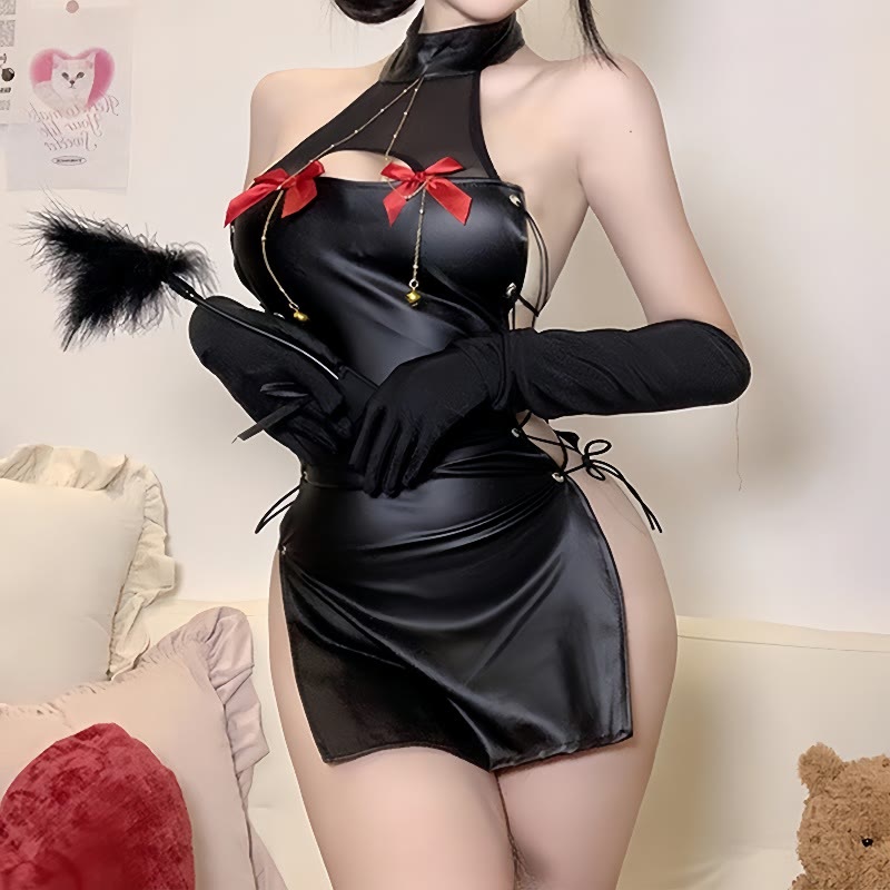 See-through Lace-up Bow Chain Lingerie Dress