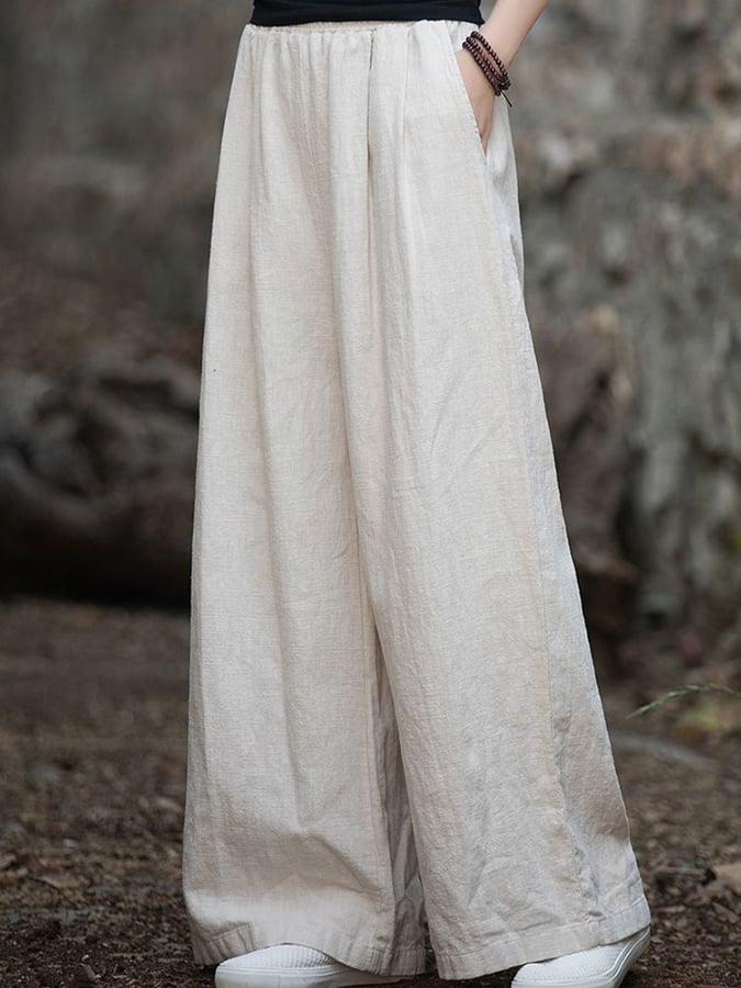 Women's Solid Color Loose Elastic Waist Casual Cotton And Linen Pants