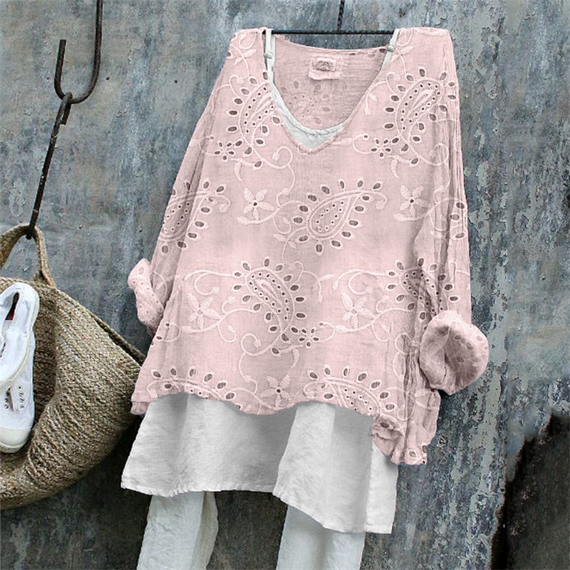 Vintage Western Paisley Floral Embroidered Lace Linen Blend Tunic