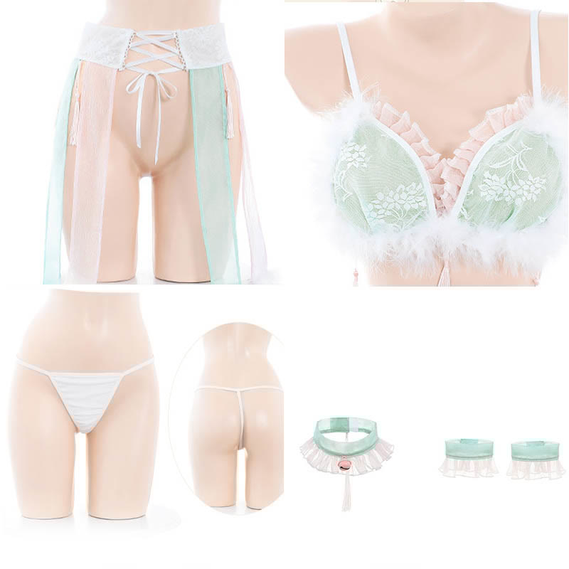 Cosplay Bunny Lace Bra With Tassels Lace-up Skirt Lingerie Set