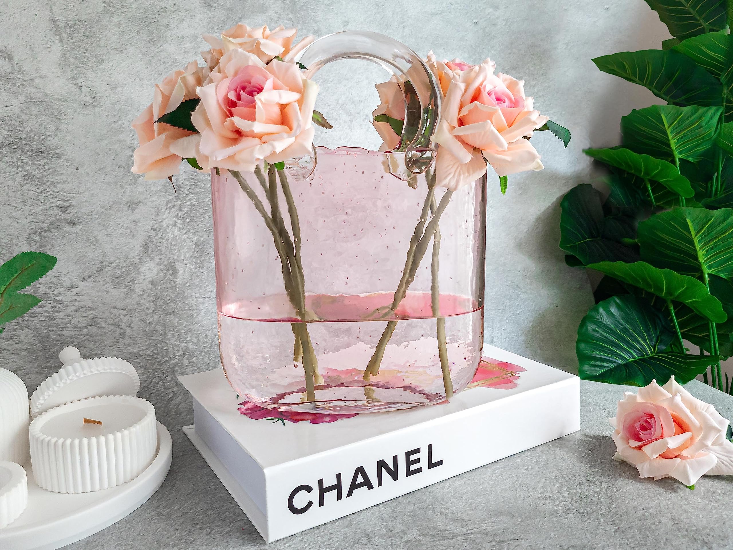 (Handmade) Pink Glass Bag vase -10 Inches- Clear