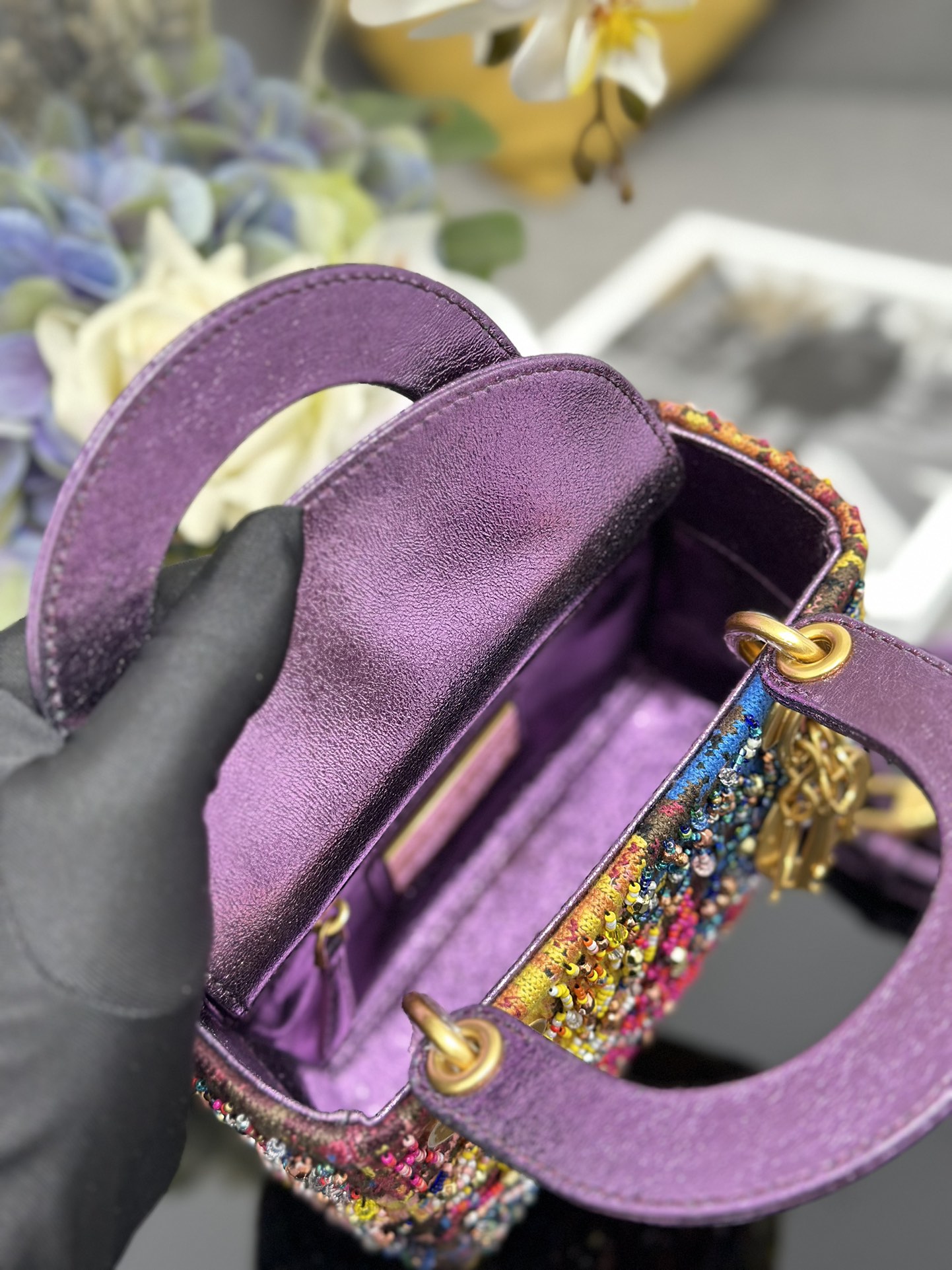 Dior Lady three-grid art embroidery limited edition Princess Diana bag M0505