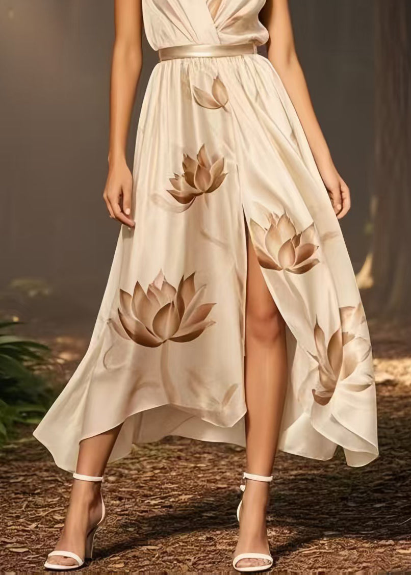Elegant White Flower Side Open Silk Sundress Summer