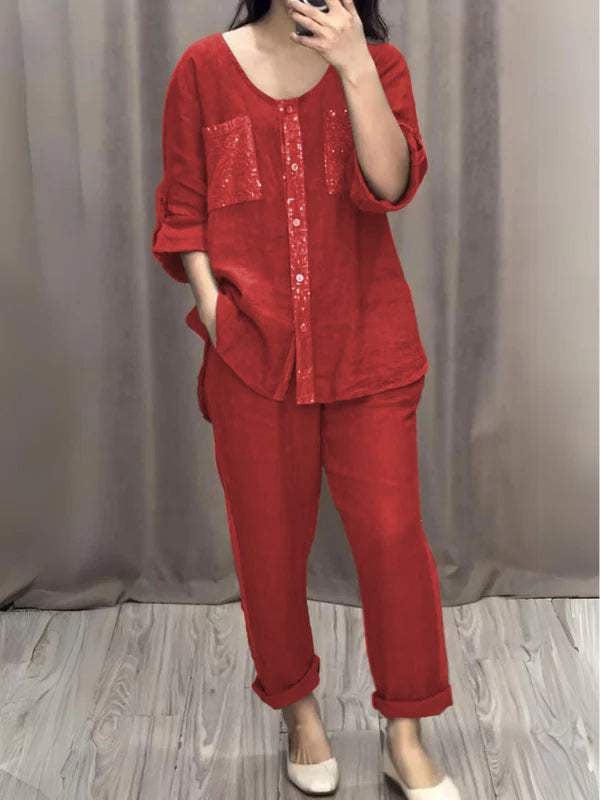 Sequined Round Neck Mid-sleeve Two-piece Suit (Buy 2 Sets Free Shipping)