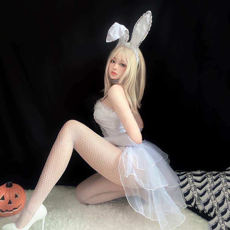 Cosplay Bunny Ears Lace Jumpsuit Lingerie Fishnet Stockings Set