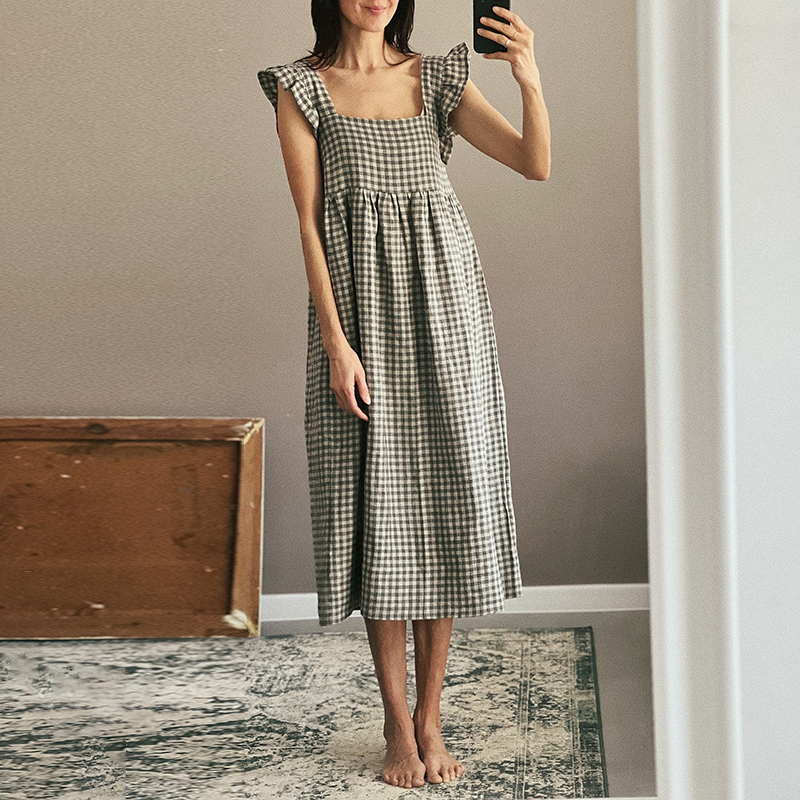 Checked Square Neck Ruffled Camisole Midi Dress