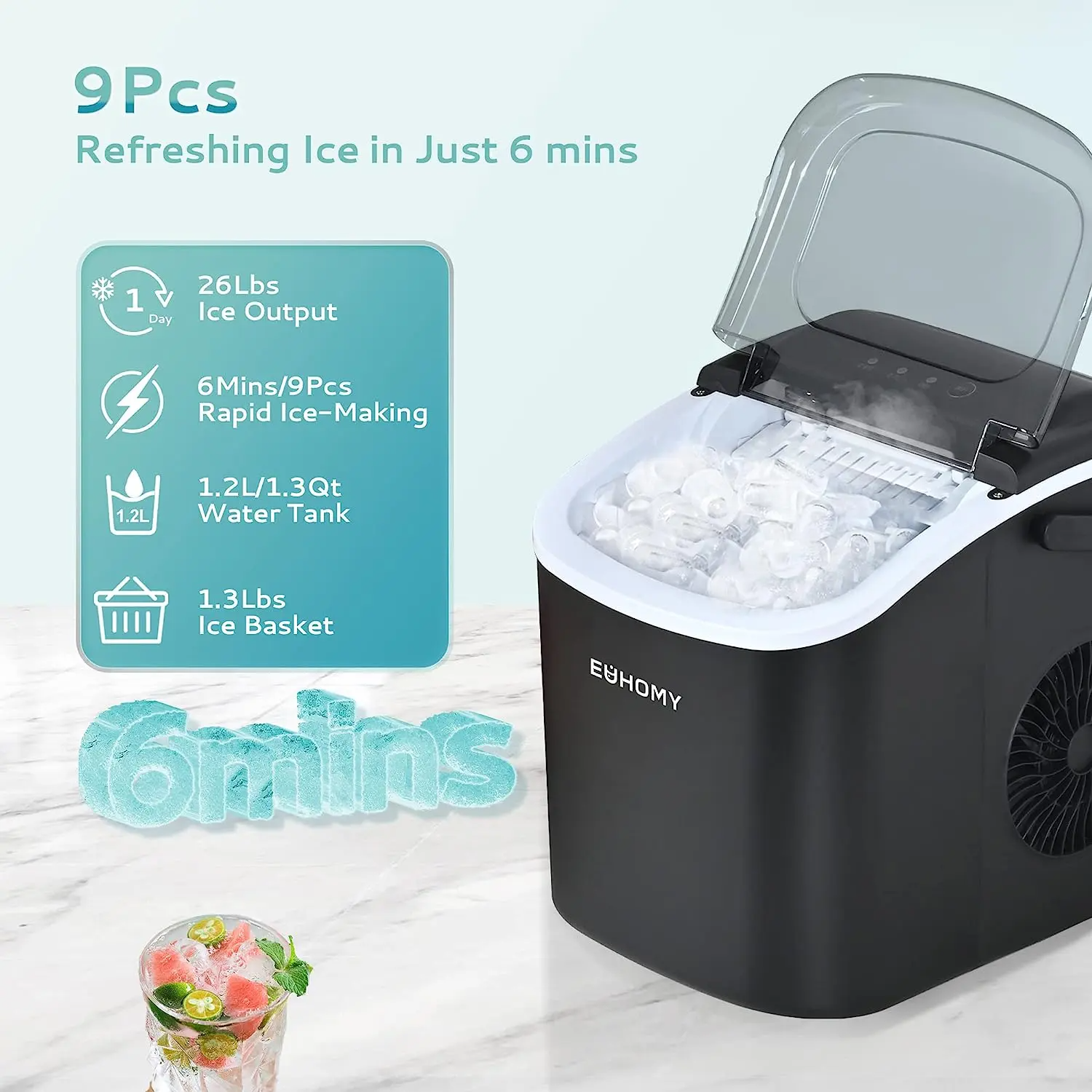 EUHOMY Ice Maker Countertop with Handle, 26lbs in 24Hrs, 9 Ice Cubes Ready in 6 Mins, Auto-Cleaning Portable Ice Maker with Basket and Scoop, for Home/Kitchen/Camping/RV. (2026 New Silver) Utensils