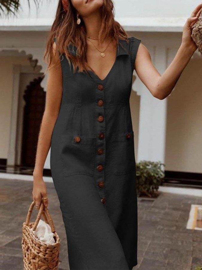 Ladies V-Neck Single Breasted Slim Fit Cotton Linen Dress
