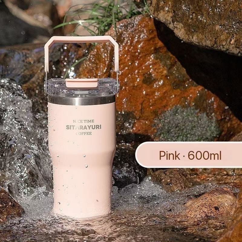 Portable stainless steel thermos flask, stylish design, convenient dual-drink straw water bottle, car water cup