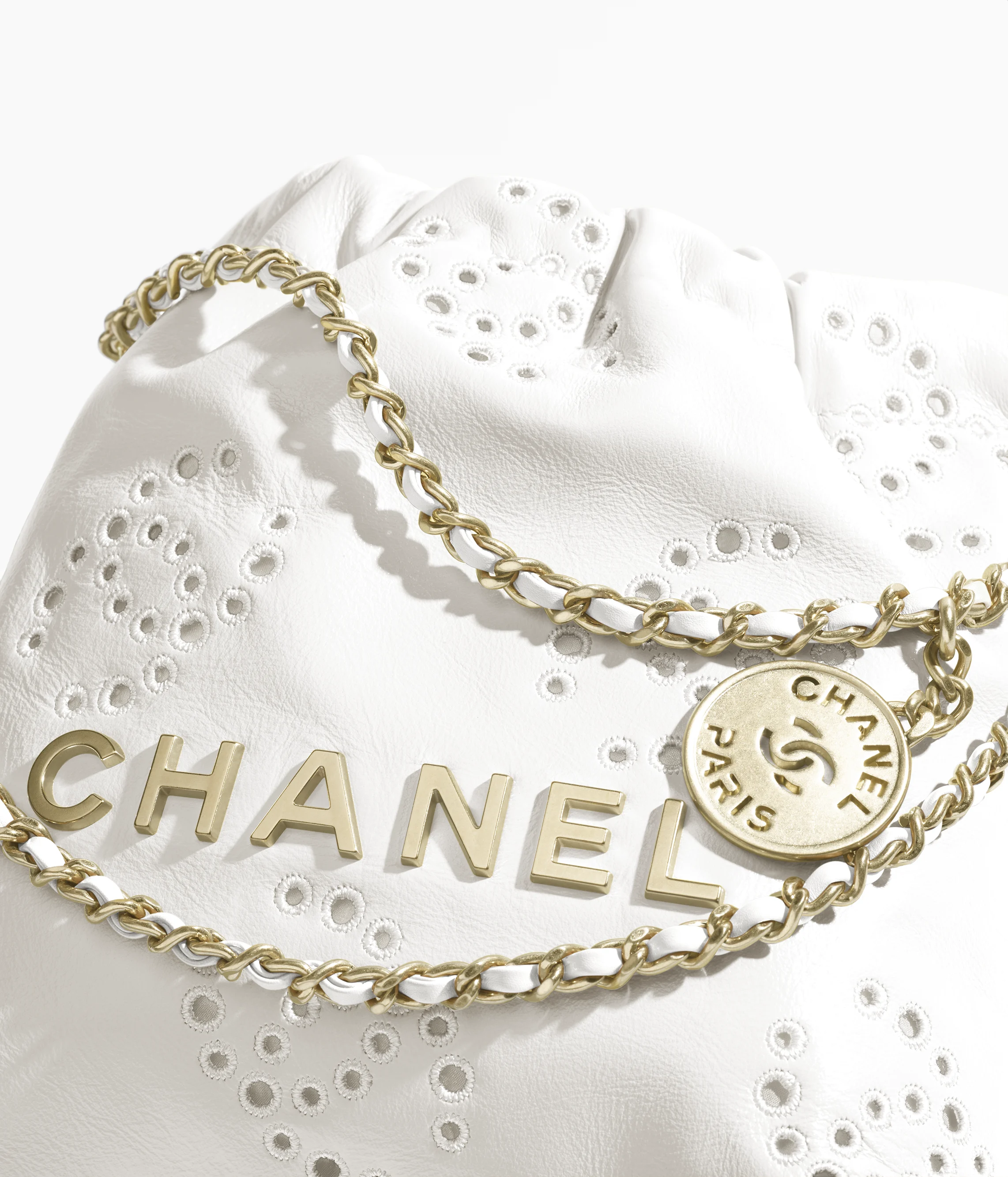 CHANEL 22 Mini Handbag Shiny Calfskin & Gold-Tone Metal White AS3980-B19648-10601
