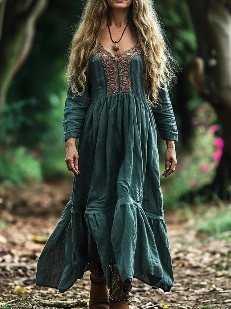 Women's Vintage Boho Linen Blend Ethnic Midi Dress