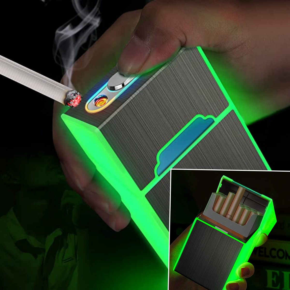 (🔥Last Day Promotion-SAVE 65% OFF) -2 in 1 Rechargeable Flame-Less Windproof Glowing Electric Lighter Cigarette Case-BUY 2 GET 10% OFF & FREE SHIPPING
