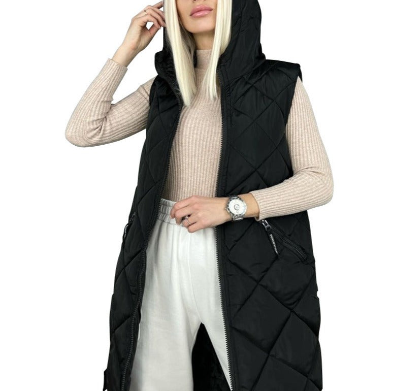 Mid-Length Down Jacket Vest with a Rhombus Pattern