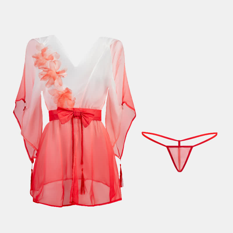 3D Flower Decor Colorblock Vintage Kimono Lingerie Set