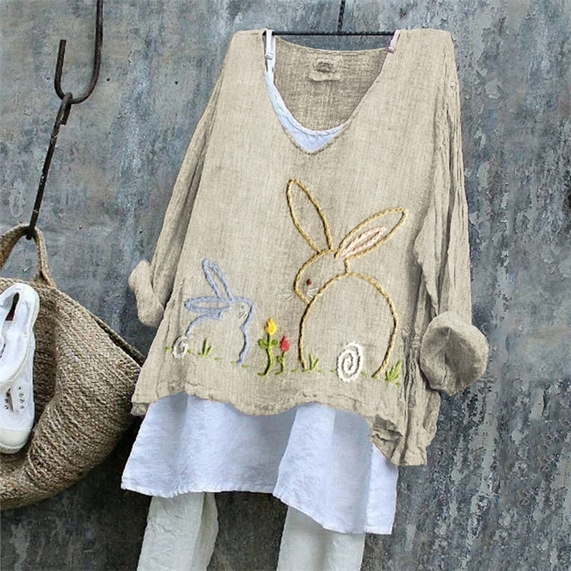 Women's Cute Bunny Embroidered Linen Blend Shirt