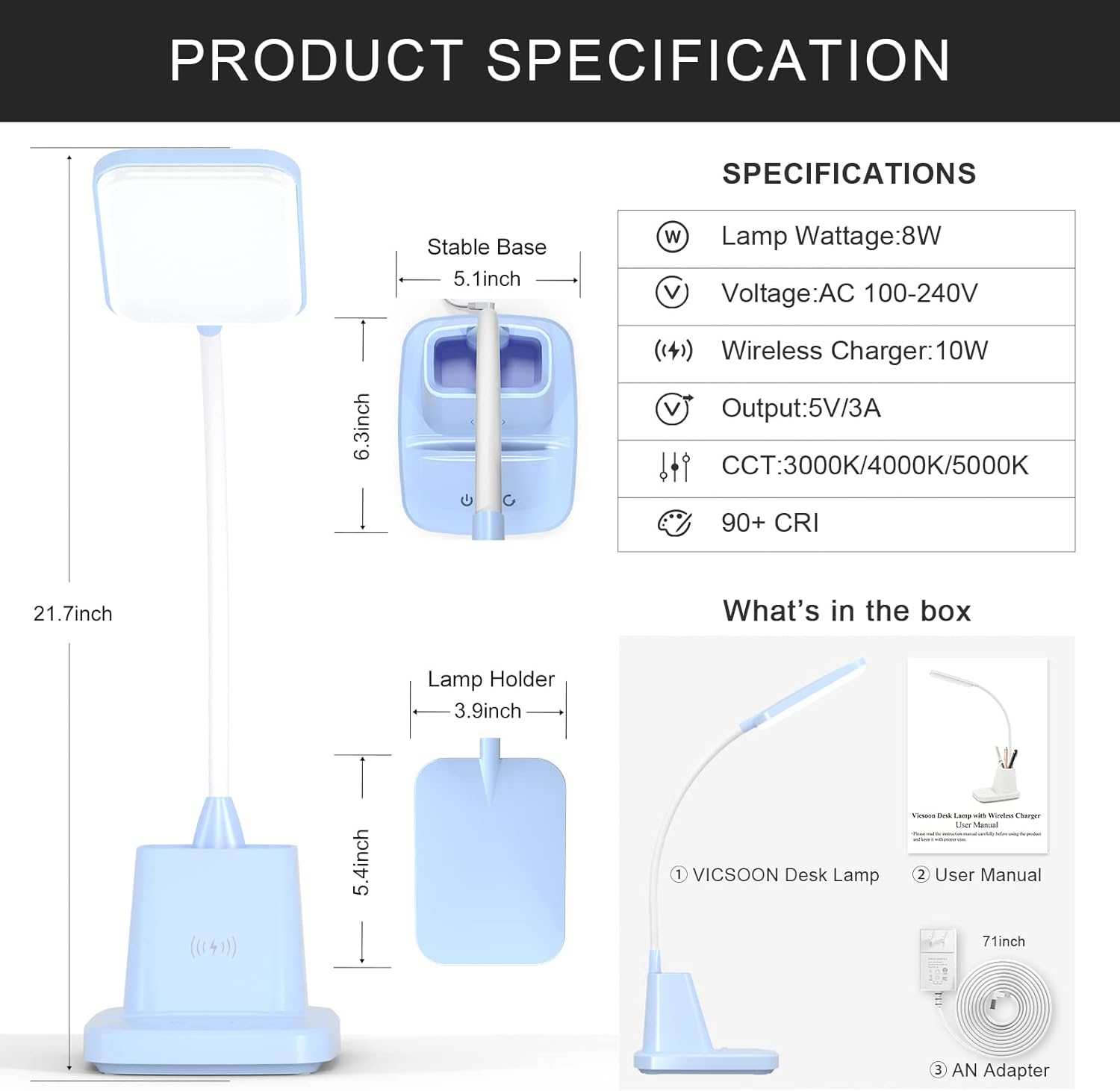 Desk Lamp with Wireless Charger, LED Desk Lamps for Home Office, 800 Lumens, Small Desk Lamp with Pen Holder, Flexible Arm, 3 Modes, Dimming, Touch Lamp for College Dorm Room