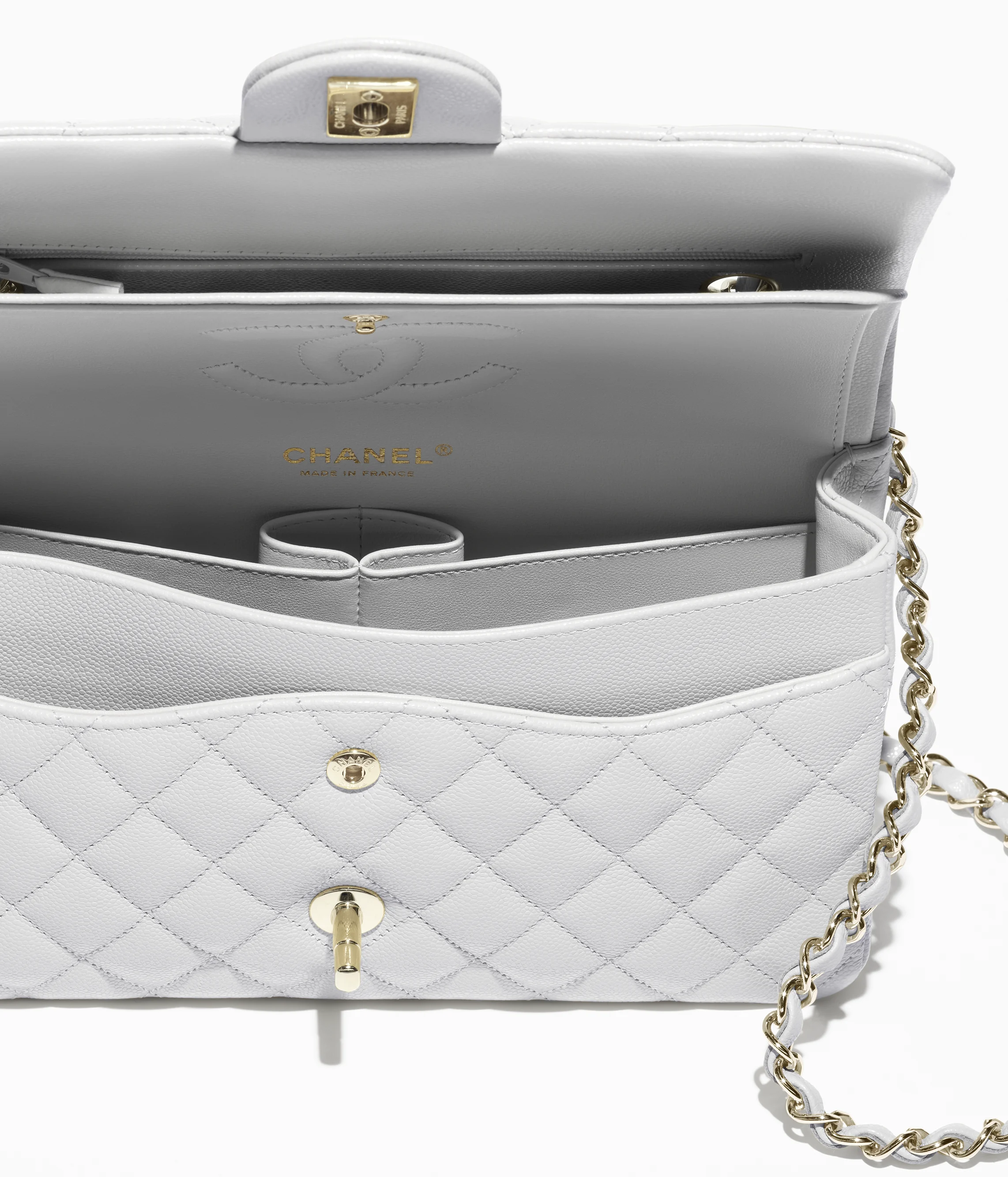 Chanel Classic 11.12 Bag Grained Shiny Calfskin & Gold Metal Light Grey A01112-B10583-NAAUH