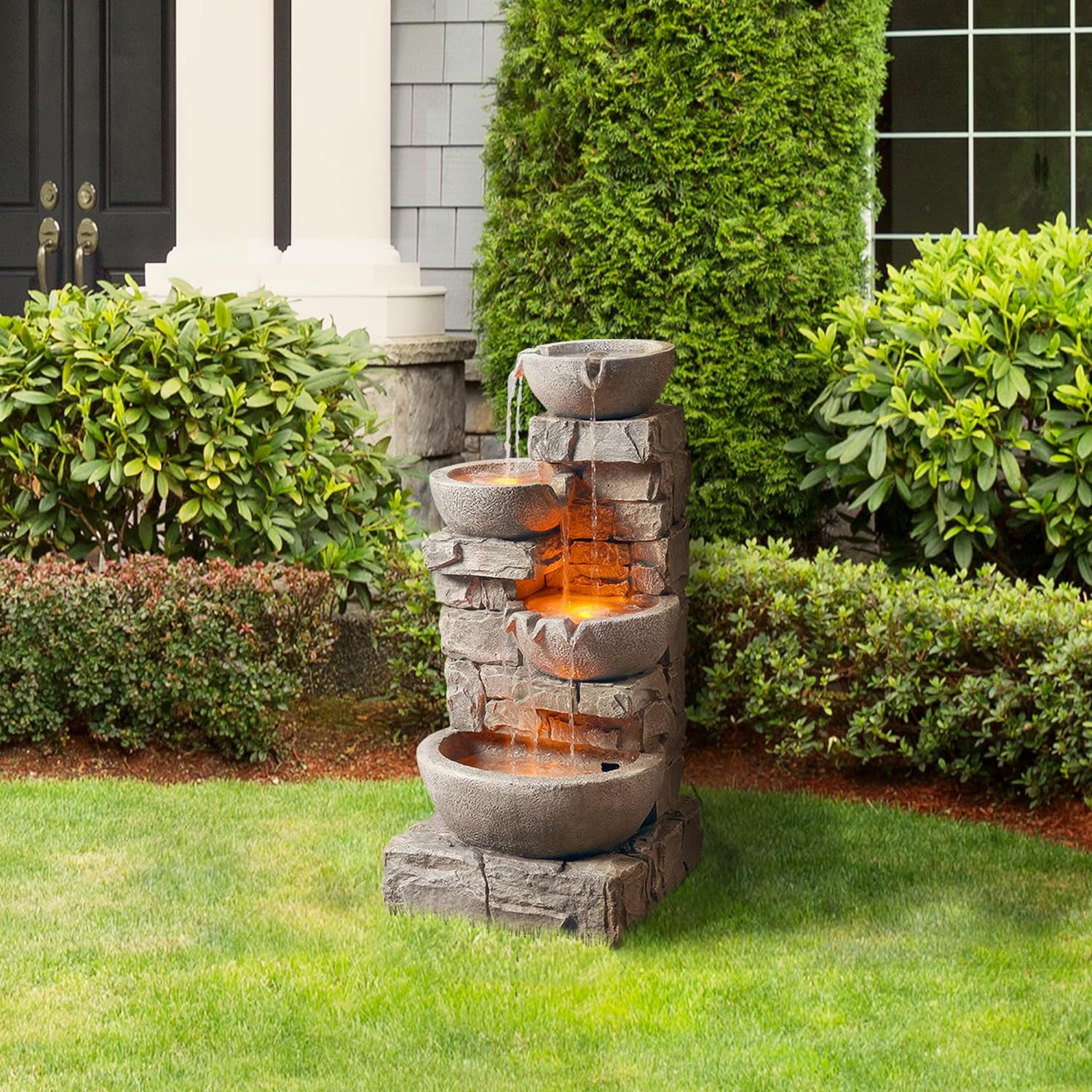 Teamson Home 33.25 inch Cascading Bowls and Stacked Stones LED Outdoor Water Fountain