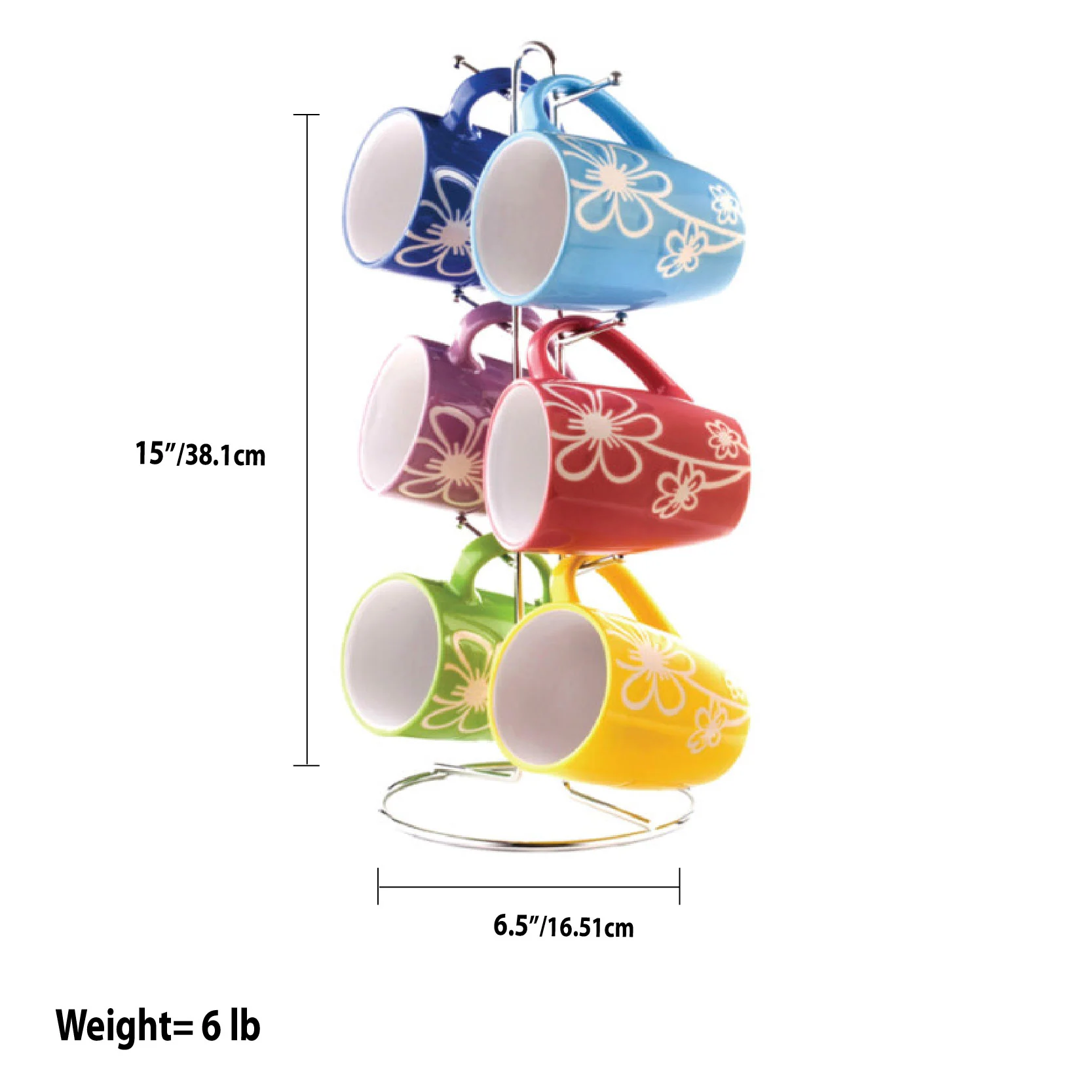 Home Basics 6-Piece Ceramic Mug Set With Stand, Daisy, Multicolor