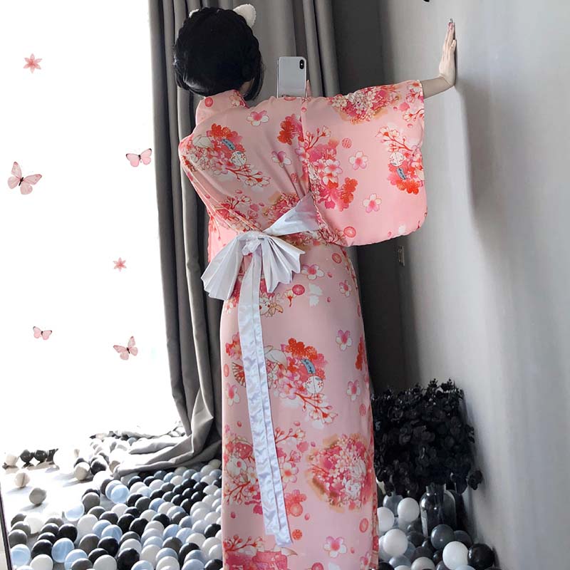 Sakura Cat Print Japanese Kimono Lingerie Dress