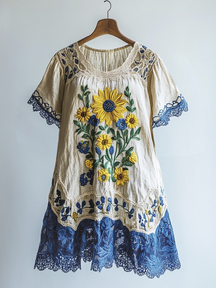Sunflower Vintage Lace Embroidery Patchwork Women's Linen Dress