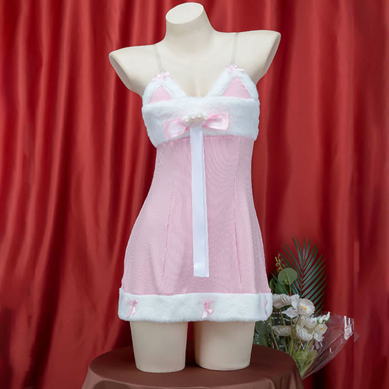 Kawaii Cat Ears Bow Knot Fuzzy Dress Lingerie Set