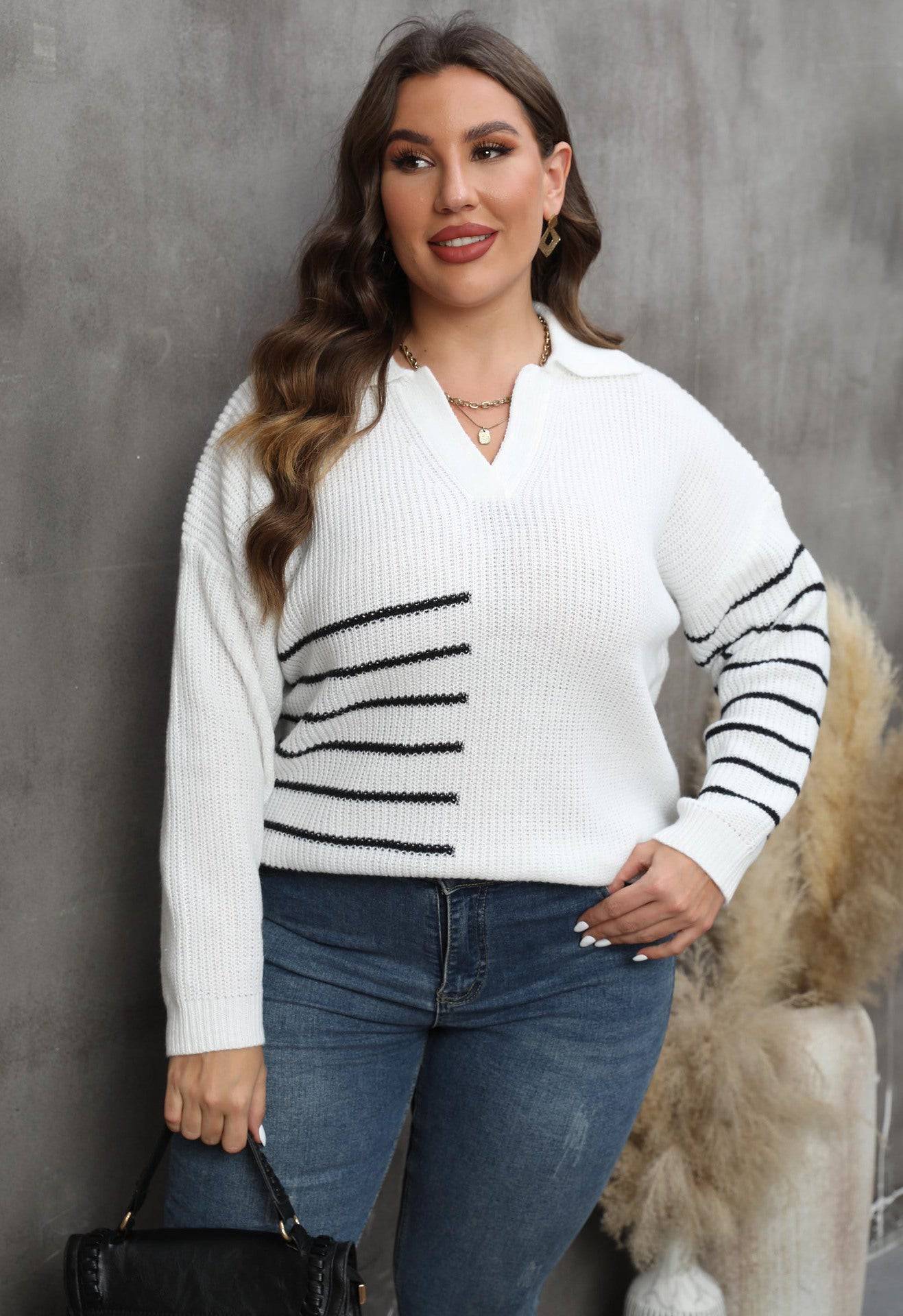 Women Pullover Woven Shirt plus Size Women Clothes Autumn Winter Color Contrast Patchwork Striped Polo Collar Sweater