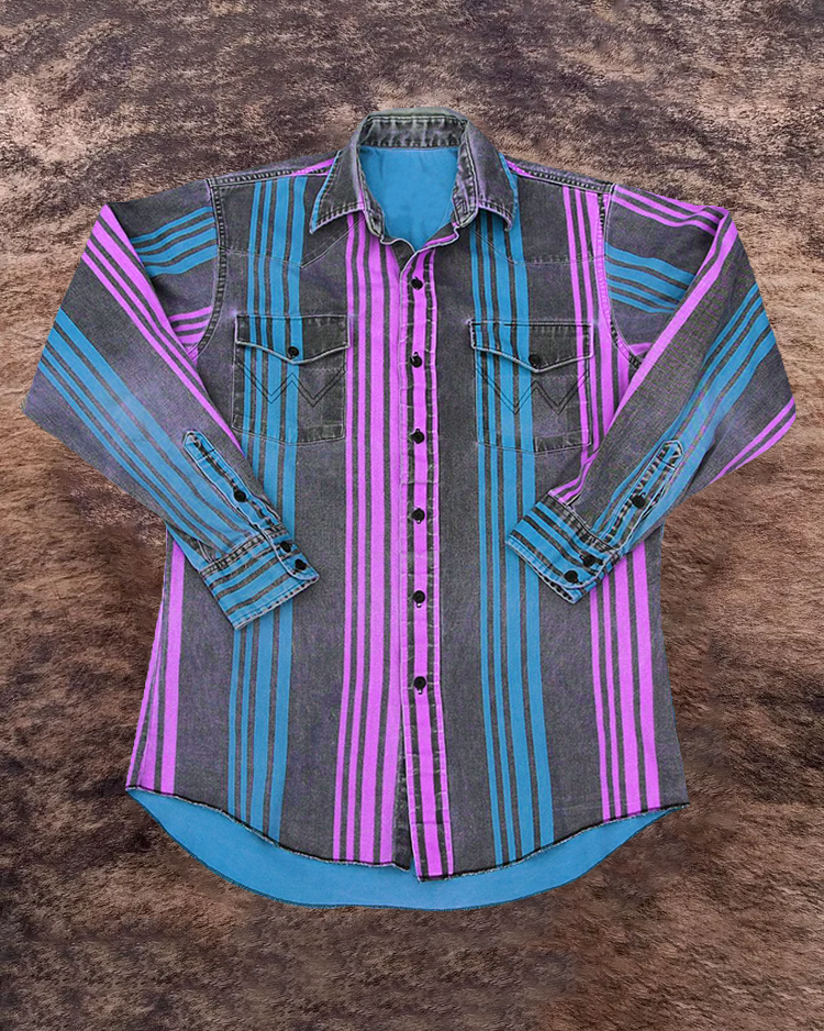 Men's Retro Casual Blue and Purple Striped Shirt