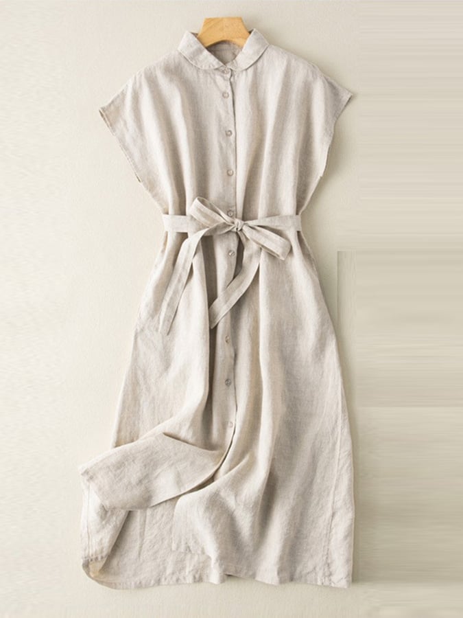 Women's Solid Color Lapel Sleeveless Artistic Retro Cotton And Linen Casual Dress