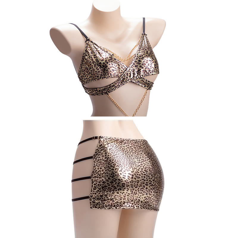 Sexy Leopard Print Halter Chain Backless Lingerie Dress