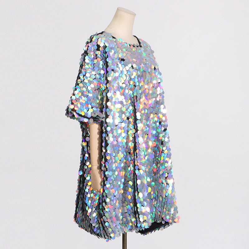 Casual Comfortable Dress Summer round Neck Laser Pullover Sequ Loose Fitting Short for Women