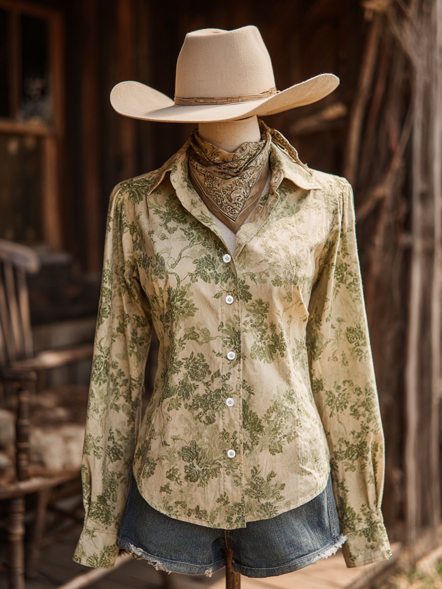 Women's Vintage Green Floral Western Long Sleeve Shirt