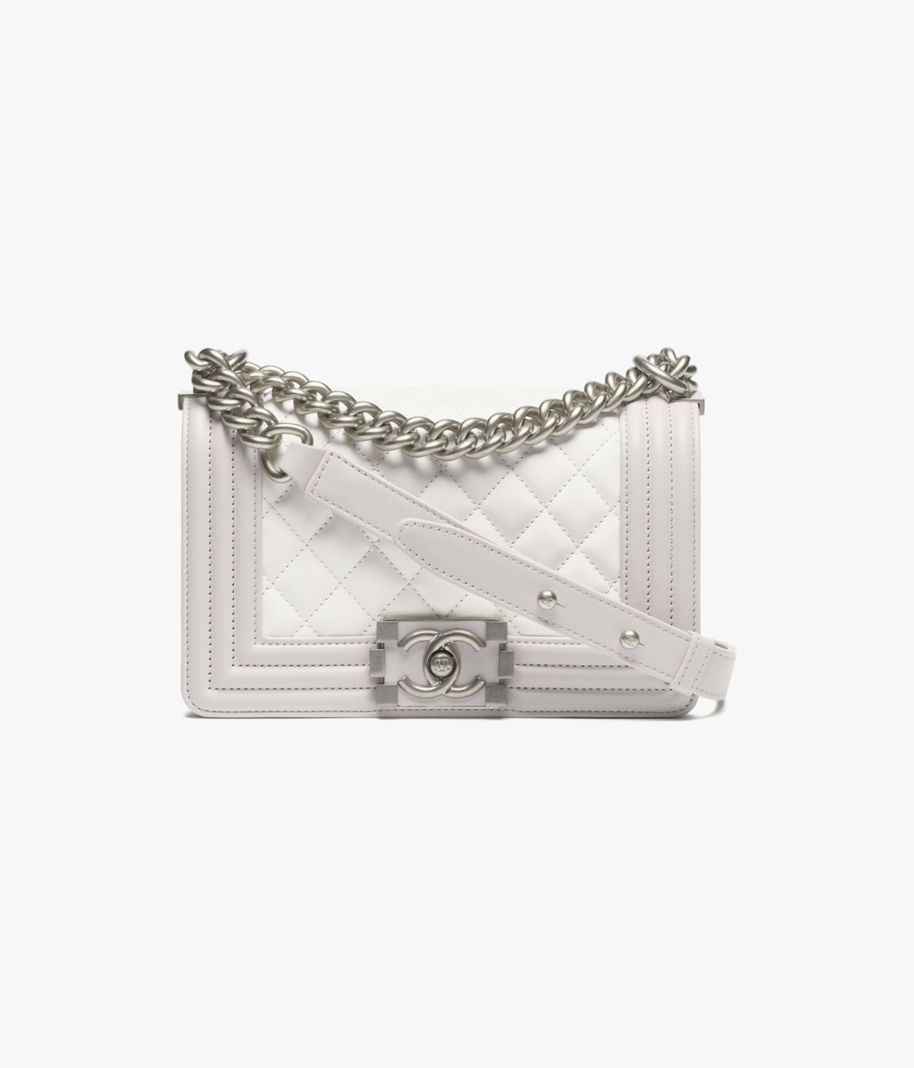 CHANEL Small BOY CHANEL Handbag Calfskin & Silver-Tone Metal White & Light Gray A67085-B18720-NACVA