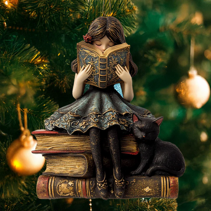 Reading Girl With Black Cat Ornament