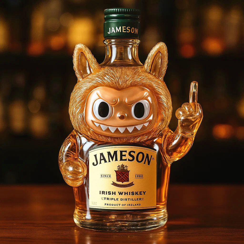 Rebellious Labubu whisky bottle