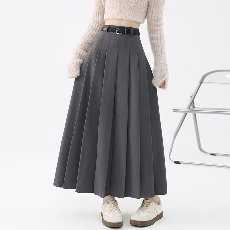 High waist show thin pleated skirt belt suit skirt