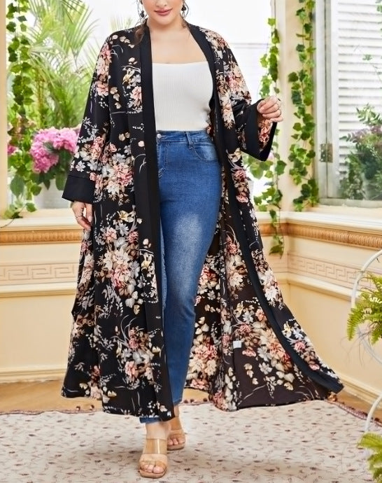 Plus Size Cardigan Coat Color Printing Artistic Long Sleeve Elegant Chiffon Women