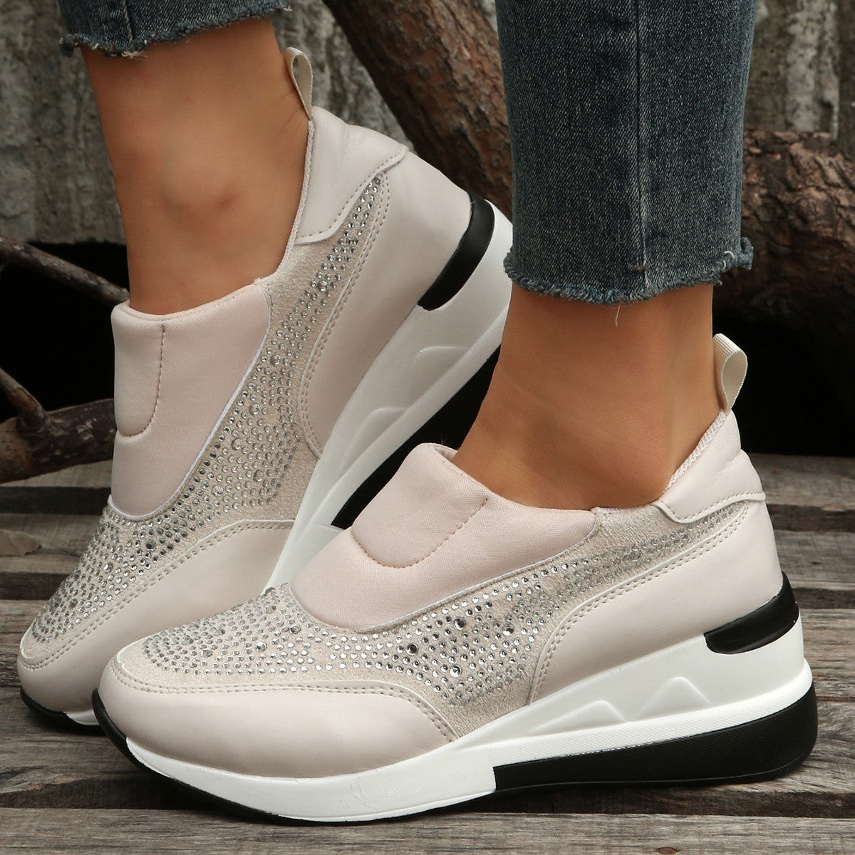 New Rhinestone-Embellished Mesh Wedge High Heel Women's Shoes