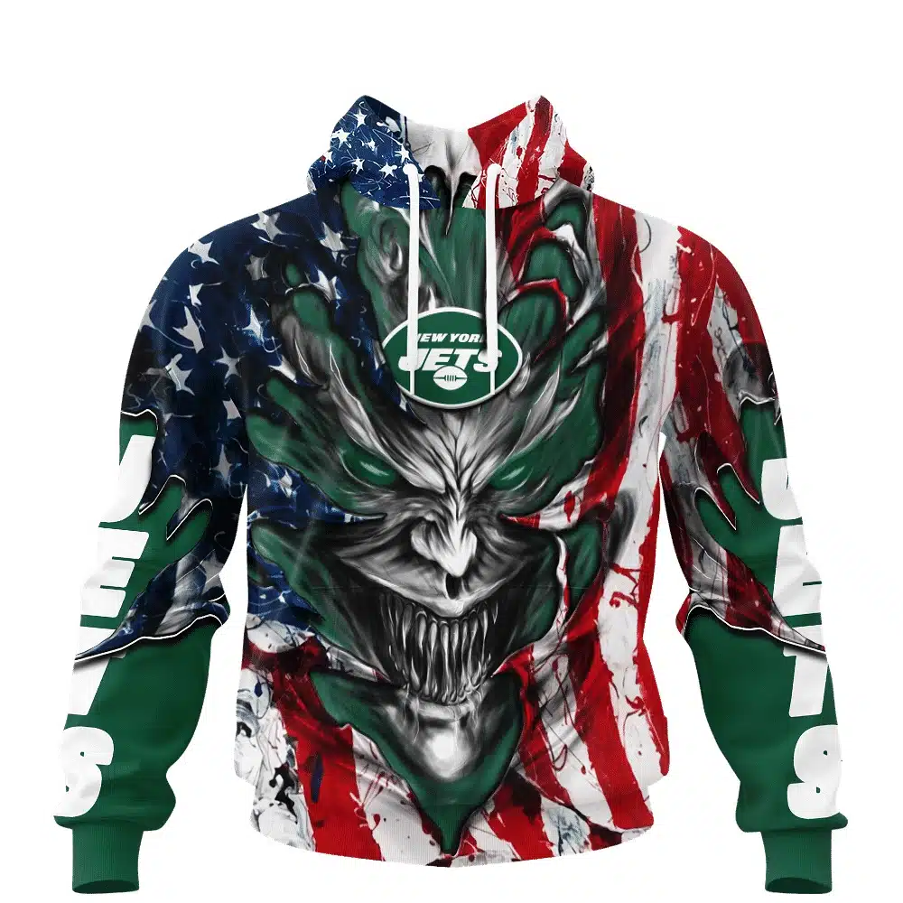 NEW YORK JETS DEMON FACE AMERICAN FLAG-3D UNISEX HOODIE
